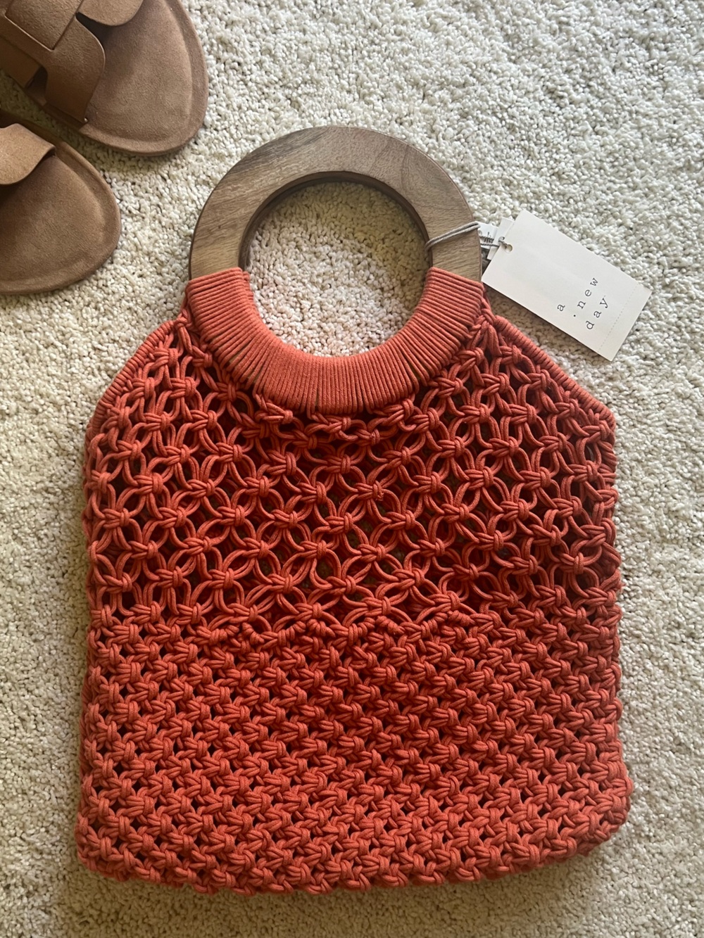 Woven Terracotta Tote with Wooden Ring Handles